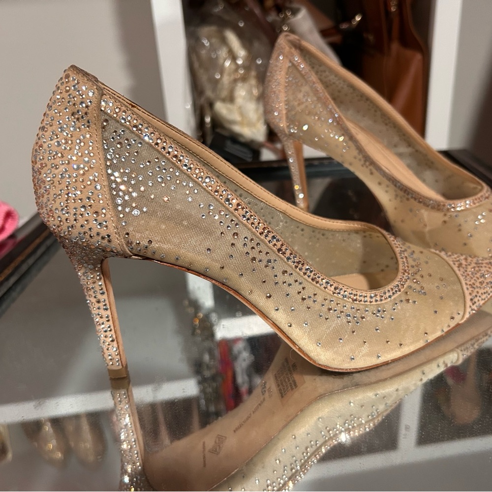 ANTONIO MELANI Tan Heels with Crystal Embellishments